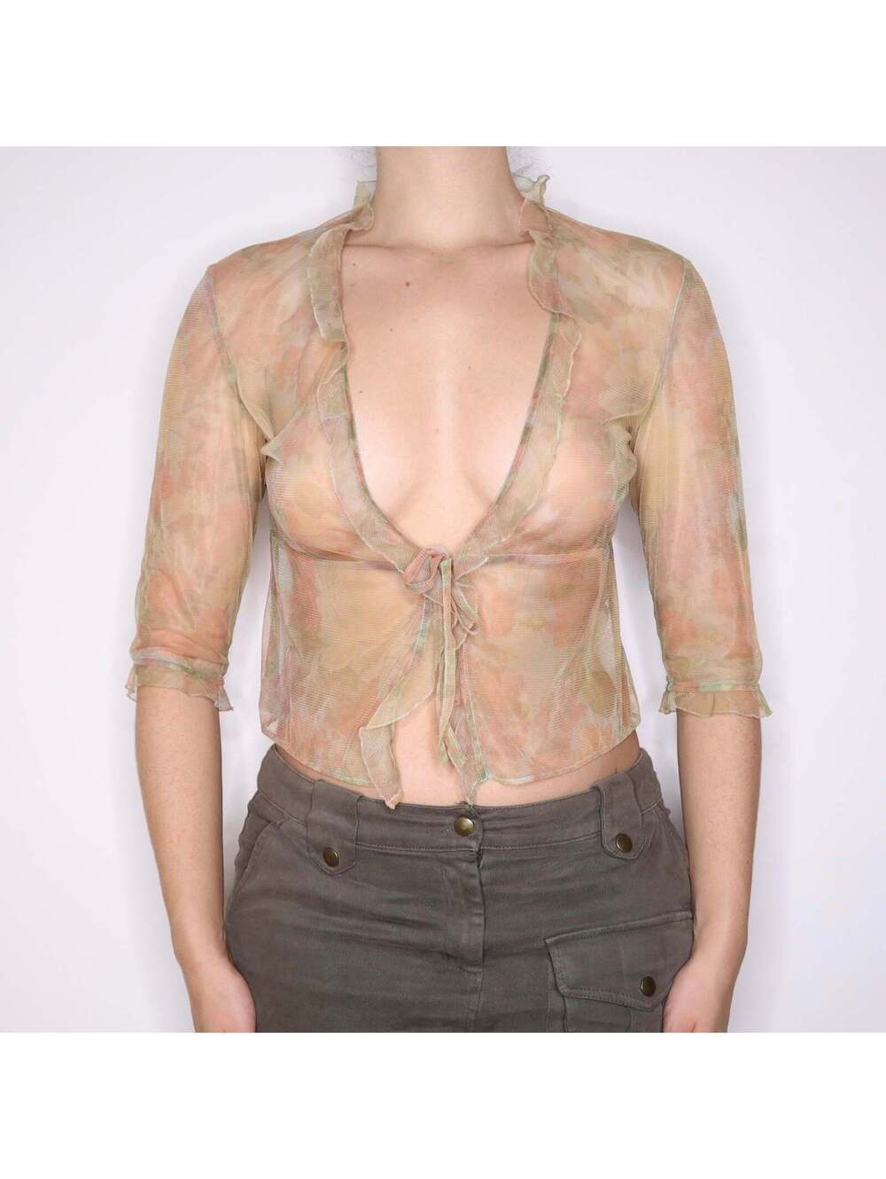 Y2K Italian Pale Floral Mesh Tie Up Top (M/L)